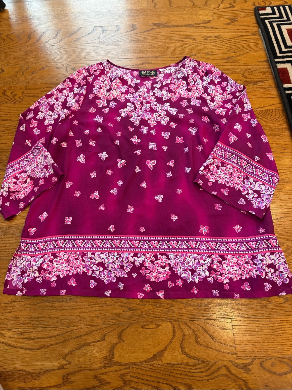 Bob Mackie Wearable Art Fuchsia Floral Border Scoop Neck Blouse